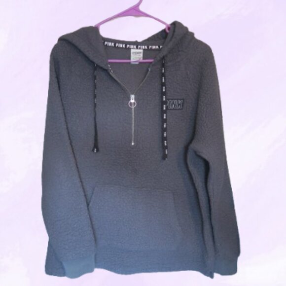 PINK Victoria's Secret fleece hoodie quarter zip sweater in gray, black silver S - Picture 1 of 11